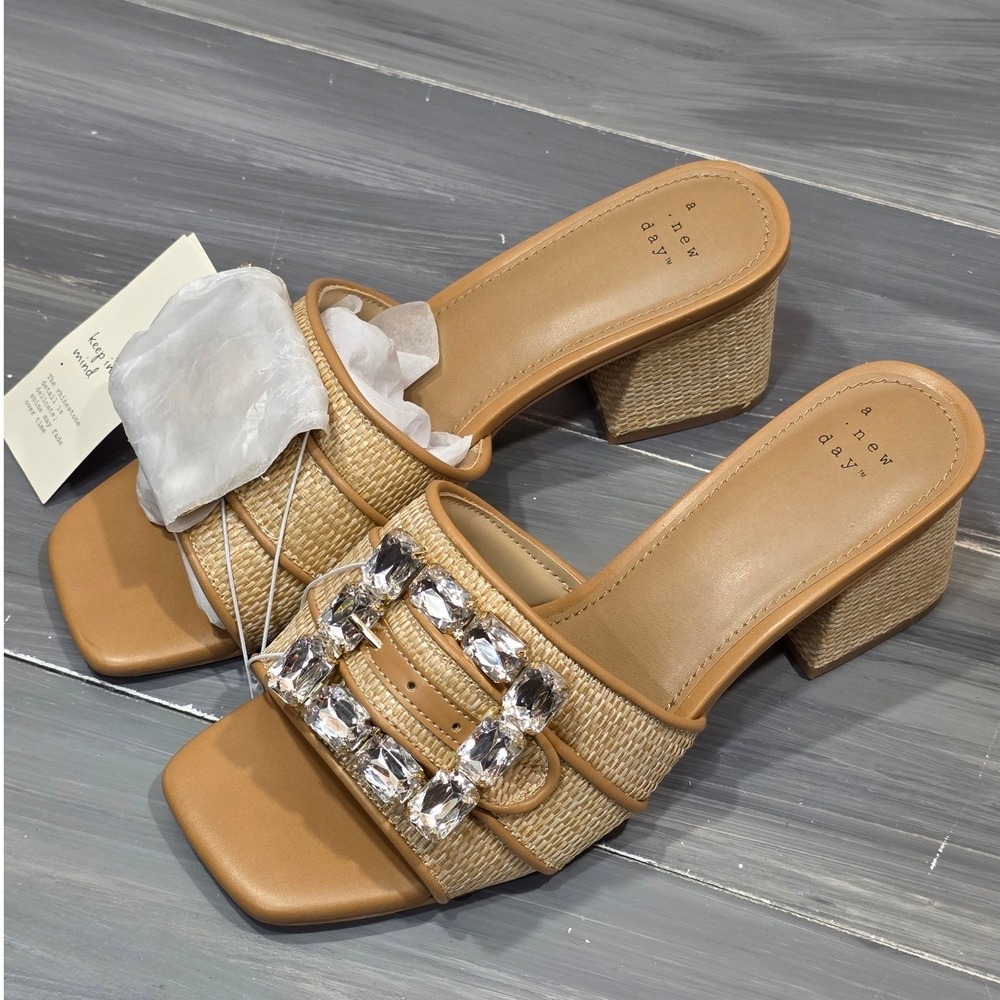 A New Day Kathleen Sandals Raffia Rhinestone Buckle Block Heel Mules Square Toe